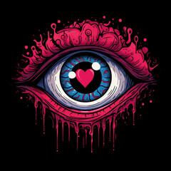 eye in a cartoon heart on a black background сreated with Generative Ai