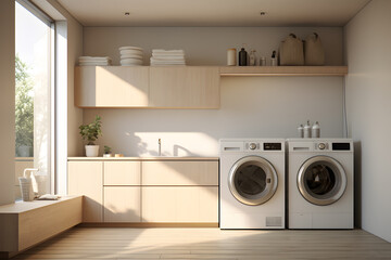 modern laundry room with cabinets 
