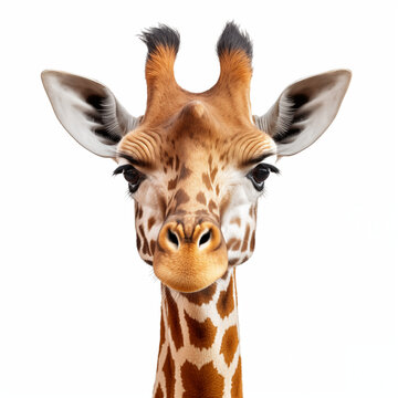 A detailed High quality, portrait image of a giraffe head placed on a white background.