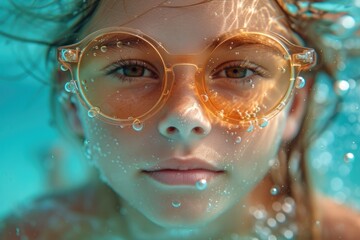 A submerged girl with glasses gazes up through the water, her face distorted by the rippling currents as she gracefully swims with her trusty sunglasses