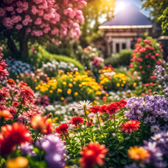 Fototapeta na wymiar Nahaufnahme eines schönen Gartens voller bunter Blumen und Blüten an einem sonnigen Tag im Frühling oder Sommer nach einem Regen mit strahlendem Sonnenschein, Gärtnern, Park, gestalten