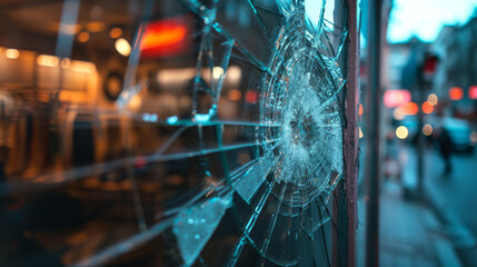 Cracked window with a vibrant urban café scene in the backdrop.