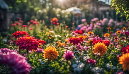 Nahaufnahme eines schönen Gartens voller bunter Blumen und Blüten an einem sonnigen Tag im Frühling oder Sommer nach einem Regen mit strahlendem Sonnenschein, Gärtnern, Park, gestalten