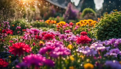 Nahaufnahme eines schönen Gartens voller bunter Blumen und Blüten an einem sonnigen Tag im Frühling oder Sommer nach einem Regen mit strahlendem Sonnenschein, Gärtnern, Park, gestalten - obrazy, fototapety, plakaty