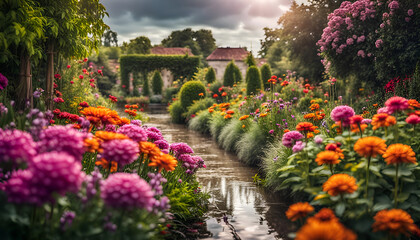 Nahaufnahme eines schönen Gartens voller bunter Blumen und Blüten an einem sonnigen Tag im Frühling oder Sommer nach einem Regen mit strahlendem Sonnenschein, Gärtnern, Park, gestalten - obrazy, fototapety, plakaty