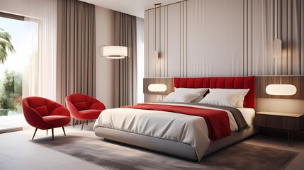 A sleek bedroom adorned with a bold red upholstered headboard against a backdrop of clean lines and modern furnishings, evoking sophistication.