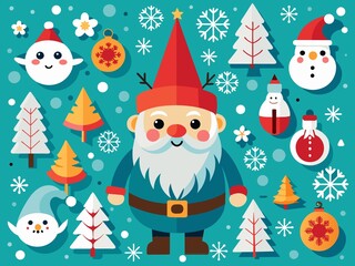 Cute Winter Gnome and Snow, Christmas Vector Seamless Pattern