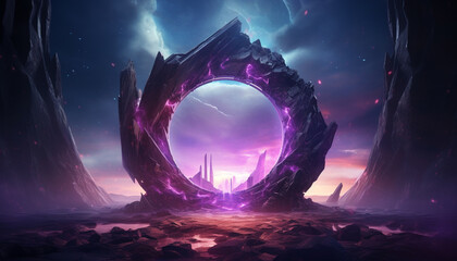 Fantasy magic portal. Purple teleport door frame to futuristic world - obrazy, fototapety, plakaty