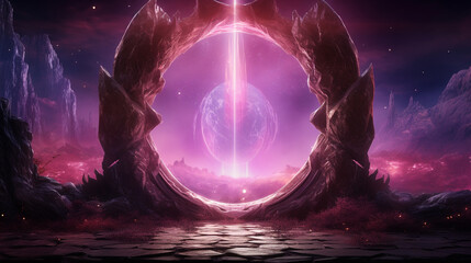 Fantasy magic portal. Purple teleport door frame to futuristic world