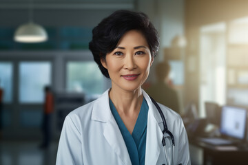Mature asian women doctor smiling. Asian women doctor. World of Medicine. Personal care profession. Medical studies. China. Japan. AI.