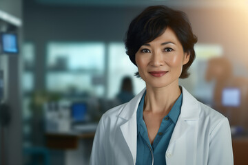 Naklejka premium Mature asian women doctor smiling. Asian women doctor. World of Medicine. Personal care profession. Medical studies. China. Japan. AI.