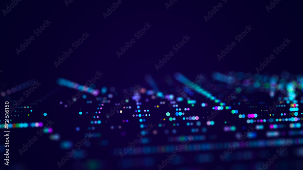 Poster digital background with musical glowing particles. big data visualization. 3d rendering.