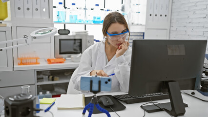 Fototapeta na wymiar A focused caucasian woman scientist analyzes data on a computer in a laboratory setting.
