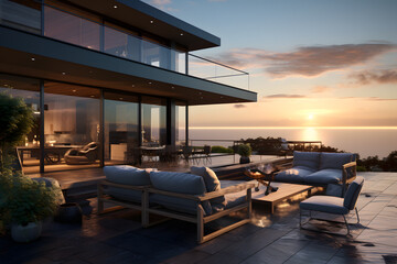Fototapeta premium modern outdoor patio with a tiered deck 