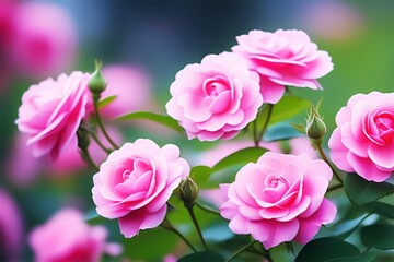 Beautiful pink roses bloom in the summer park. Rose bush details.