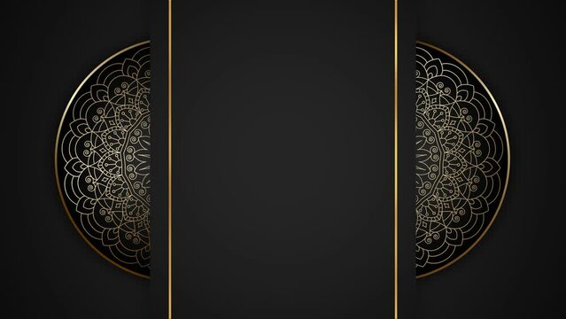 Luxury Gold Background with Mandala Rotating on Both Sides. Elegant Black Royal Background for Yoga, Wedding, and Ramadan.	