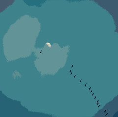 Ilustracja plakat pastelowe niebo przelatujące ptaki na tle księżyca. - 721517390