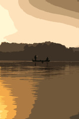 Ilustracja grafika plakat rybacy wędkarze na łódce jezioro na tle lasu zachód słońca.