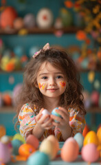 Fototapeta na wymiar Young girl's beaming smile radiates pure joy as she proudly holds two beautifully painted easter eggs, her innocent face and childlike wonder captured in this charming portrait