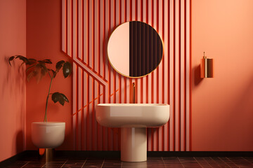 modern powder room with a floating pedestal sink