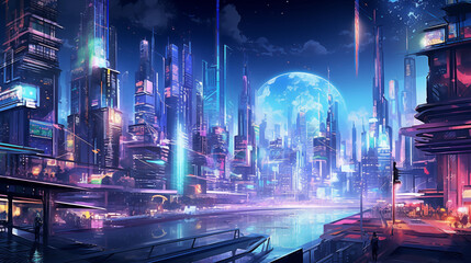 Obraz premium Cyberpunk cityscape with flying cars and neon signs in a spectrum of colors