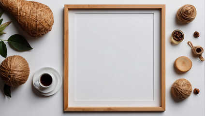 Fototapeta na wymiar An empty photo frame lies on a white table with a cup of coffee.