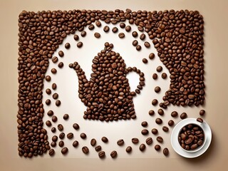 Coffee beans arranged to create the shape of a coffee pot.