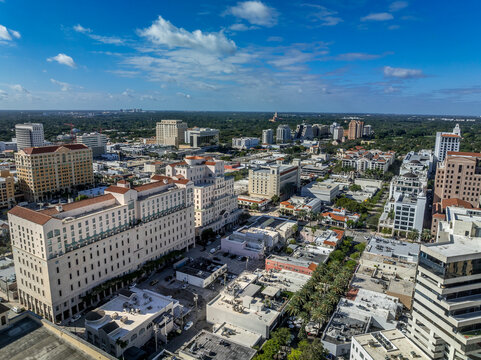 Aerial view of Coral Gables downtown in Miami Florida a Mediterranean-themed planned community with affluent character. Mediterranean Revival style buildings 