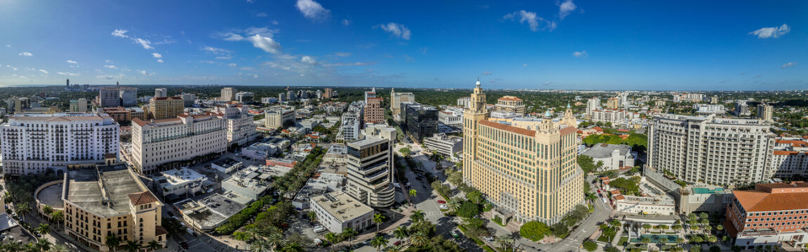 Aerial view of Coral Gables downtown in Miami Florida a Mediterranean-themed planned community with affluent character. Mediterranean Revival style buildings 