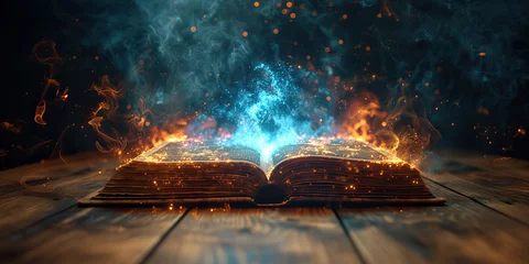 Selbstklebende Fototapeten Magical book on fire releases water and flames © Zedx