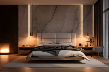 modern bedroom with a floating nightstand and pendant