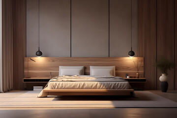 modern bedroom with a floating nightstand and pendant - obrazy, fototapety, plakaty