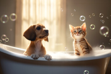 Close up of cute breed dog land cat look out of the bath. Sweet puppy washes and swims - obrazy, fototapety, plakaty