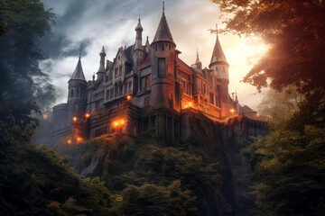 A fantastic Gothic castle on top of a cliff against the backdrop of mountains and forests. - obrazy, fototapety, plakaty