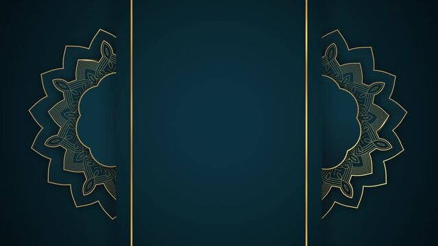 Luxury Gold Background with Mandala Rotating on Both Sides. Elegant Blue Royal Background for Yoga, Wedding, and Ramadan.	