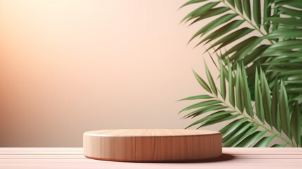 Obraz premium Pedestal for exhibition and tropical plant leaves shadows