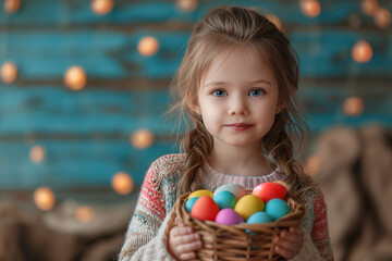 Fototapeta na wymiar Young girl with a beaming smile and colorful easter outfit holds a basket filled with delicate eggs, exuding innocence and joy in an indoor setting