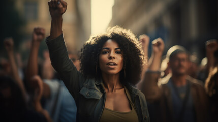 African American woman shouts a cry against the backdrop of a crowd of people - obrazy, fototapety, plakaty
