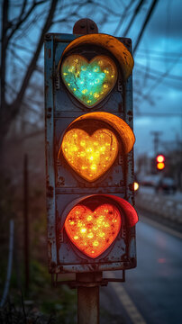 Old vintage traffic light with heart-shaped lamps