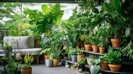 Fototapeta premium Patio area surrounded by various colourful potted plants. Container gardening ides.