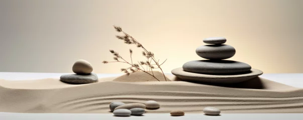 Photo sur Aluminium Pierres dans le sable Stacked zen stones sand background art of balance concept