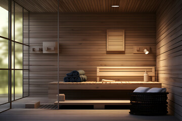 modern sauna spa room with cedarwood paneling - obrazy, fototapety, plakaty