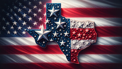 A vibrant image of the American flag with a map of Texas seamlessly integrated into the stripes, showcasing the state's geography in detail and artistically. American flag with a map of Texas close-up