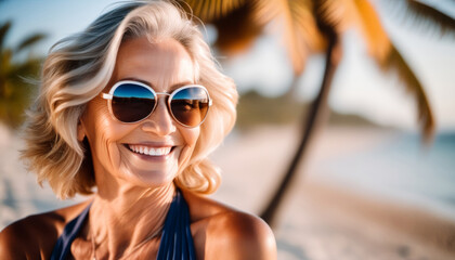 Healthy travel lifestyle concept - Happy mature woman with sunglasses smiles at the beach side and enjoys sunny day out