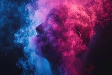 smoke on black and women´s face in mystery surrounding, Ethereal tendrils of navy and magenta vapor curl and twist in a lively display of color and motion..  - obrazy, fototapety, plakaty