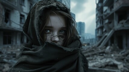 Piercing Gaze of a Young Survivor in a War-Torn City. Generative ai