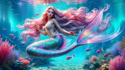 Captivating Mermaid with Pink Hair and Iridescent Shiny Scales in Vibrant Aquamarine Waters 4K wallpaper - obrazy, fototapety, plakaty