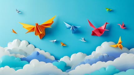 Vibrant Origami Birds Soaring in the Sky. Generative ai - obrazy, fototapety, plakaty