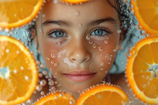 A girl's bittersweet portrait, adorned with citrus slices and water droplets, captures the essence of human emotion