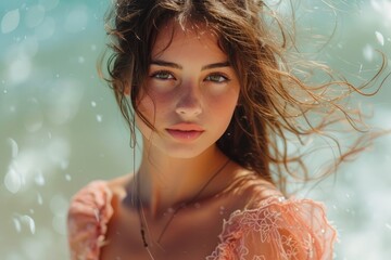 Captured in a mesmerizing portrait, a freckled lady with long brown hair exudes confidence and natural beauty amidst the tranquil backdrop of water and nature